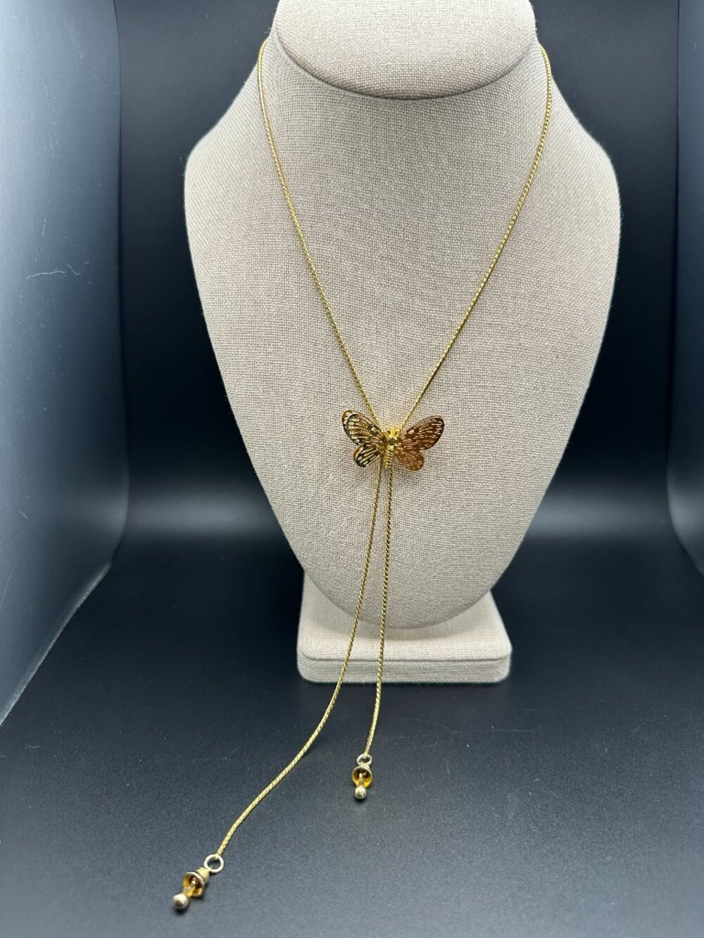 Gold Tone Butterfly Lariat Necklace Adjustable Drop Dangle Pendant Fashion